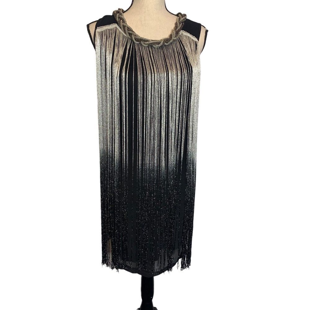 Eden Dress Womens Small‎ Chain Neck Swing Fringe Gatsby Flapper Black Silver